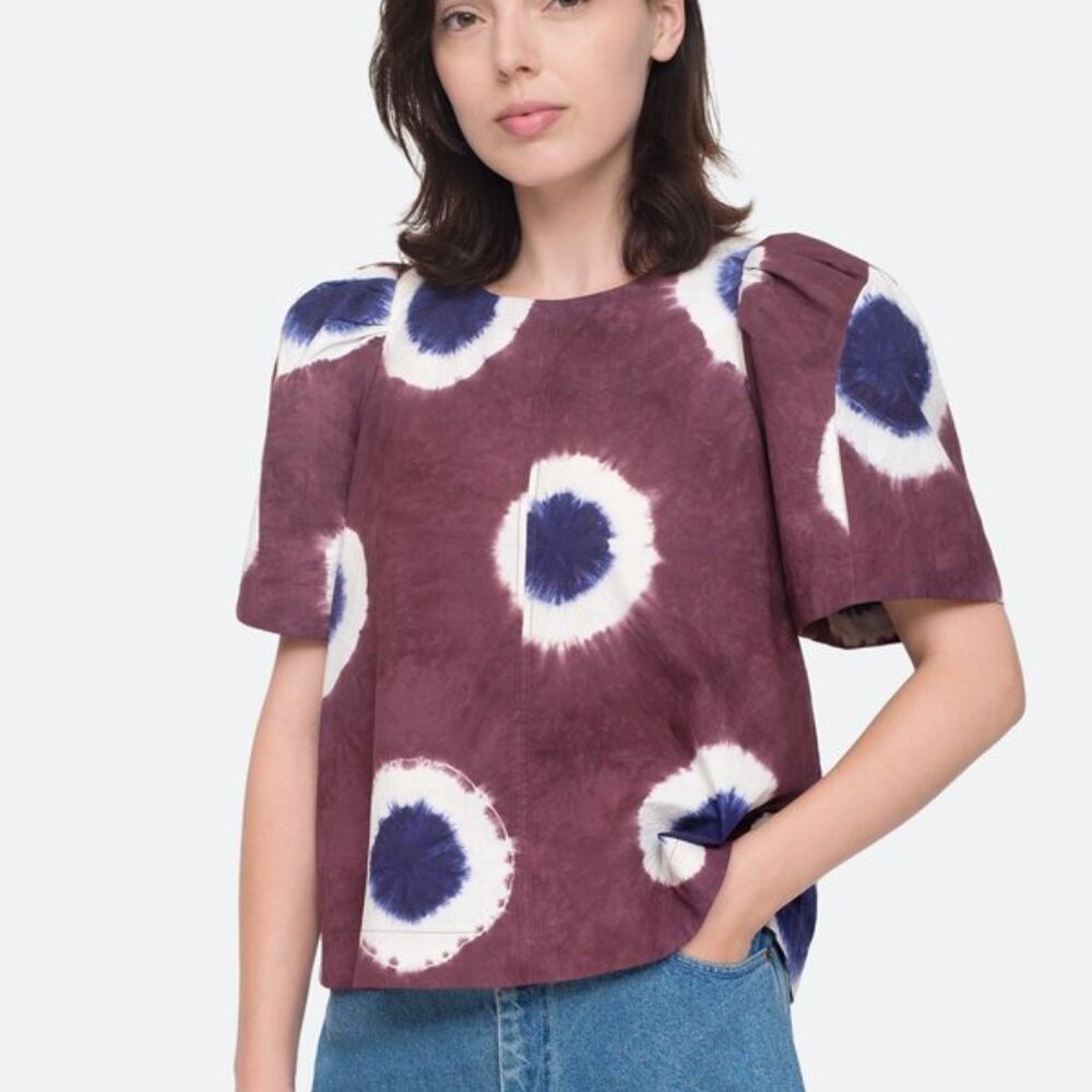 Purple Cotton Tie Dye Puff Sleeve Top